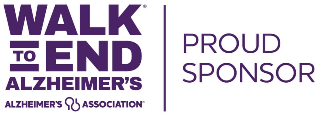 Walk to End Alzheimer's logo in purple with 'Proud Sponsor' on the right side.